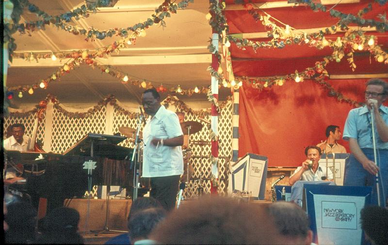 1976-032.jpg - New York Repertory Company 1976  Garden Stage
Major Holley, Cootie Williams, Eddie Bert, Dick Sudhalter, Bob Wilber