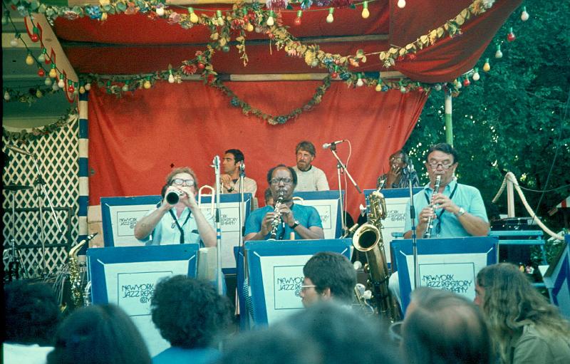 1976-059.jpg - 1976 Dance Stage New  York Repertory Company:
Bob Wilber, Dick Sudhalter, Norris Turney, Jimmy Maxwell, Joe Newman, Johnny Mince