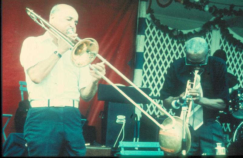 1976-066.jpg - 1976 Preservation Hall Jazzband, Dance Stage;
Clem Tervalon, Kid Thomas Valentine