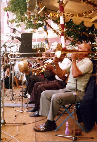 1976-089.jpg - 1976 Preservation Hall Jazzband; Emanuel Sayles, Emanuel Paul, Polo Barnes, Kid Thomas Valentine, Clem Tervalon